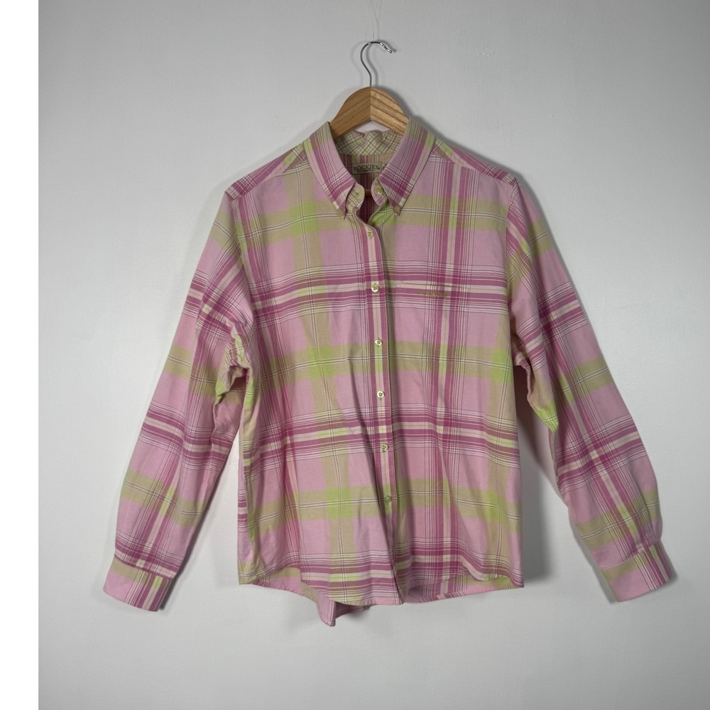 Western Rockies Women XL Button Down Shirt Pink Lime Green Plaid Cotton Long Slv